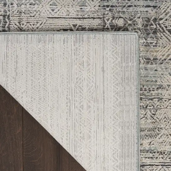 8' Ivory And Blue Geometric Distressed Runner Rug With Fringe Photo 9