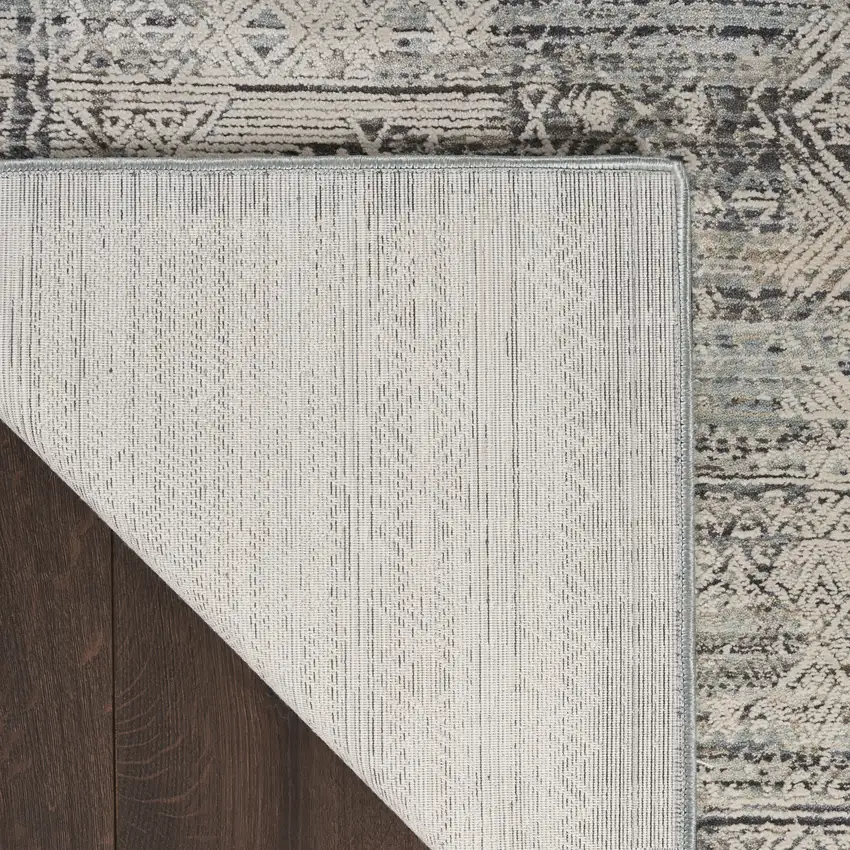 8' Ivory And Blue Geometric Distressed Runner Rug With Fringe Photo 9