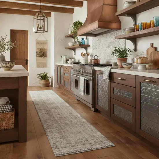 8' Ivory And Blue Geometric Distressed Runner Rug With Fringe Photo 1