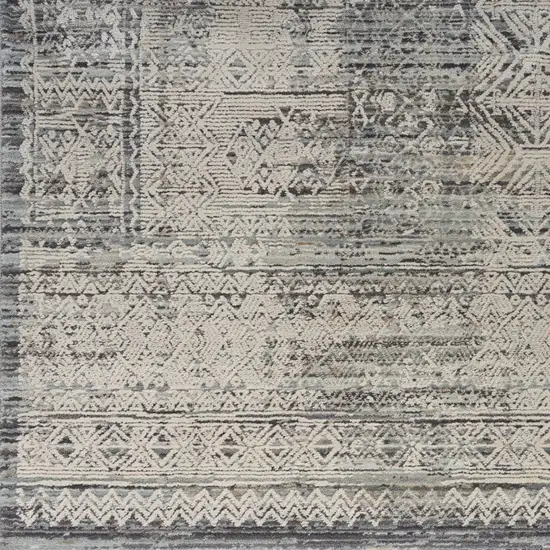 8' Ivory And Blue Geometric Distressed Runner Rug With Fringe Photo 5
