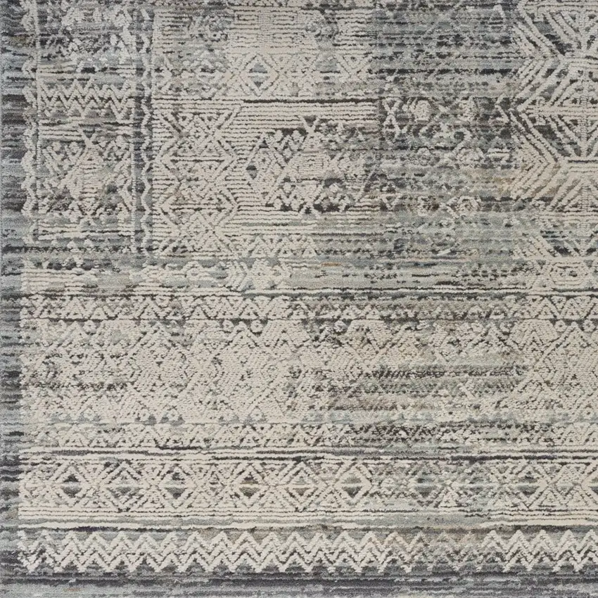 8' Ivory And Blue Geometric Distressed Runner Rug With Fringe Photo 5