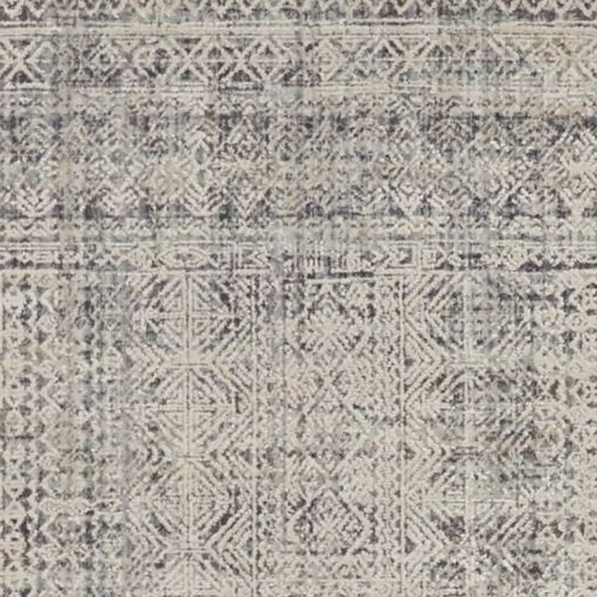 10' Ivory And Blue Geometric Distressed Runner Rug With Fringe Photo 4