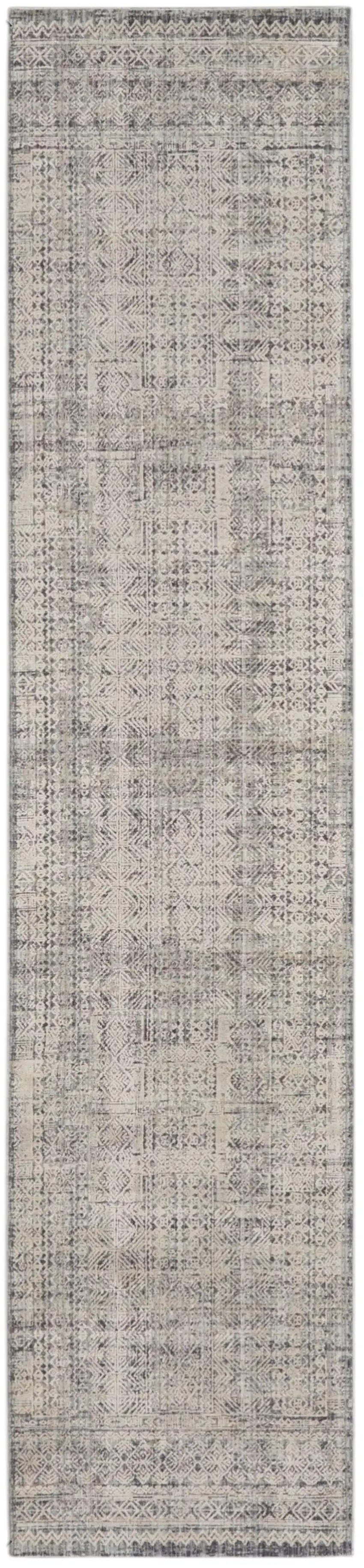 10' Ivory And Blue Geometric Distressed Runner Rug With Fringe Photo 2