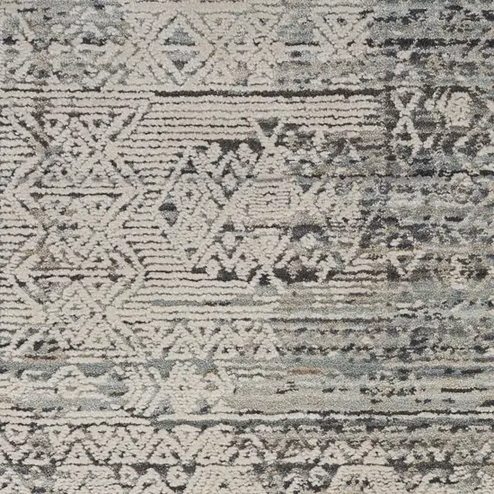 10' Ivory And Blue Geometric Distressed Runner Rug With Fringe Photo 2