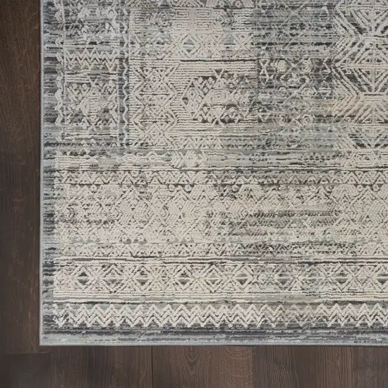 10' Ivory And Blue Geometric Distressed Runner Rug With Fringe Photo 9