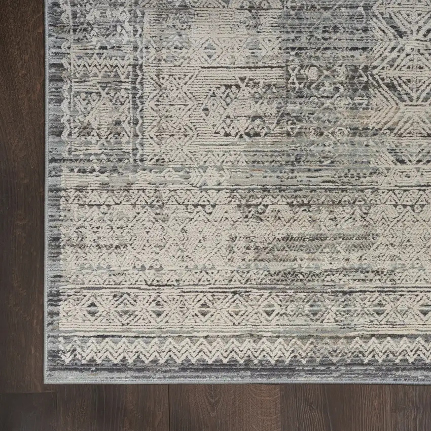 10' Ivory And Blue Geometric Distressed Runner Rug With Fringe Photo 9