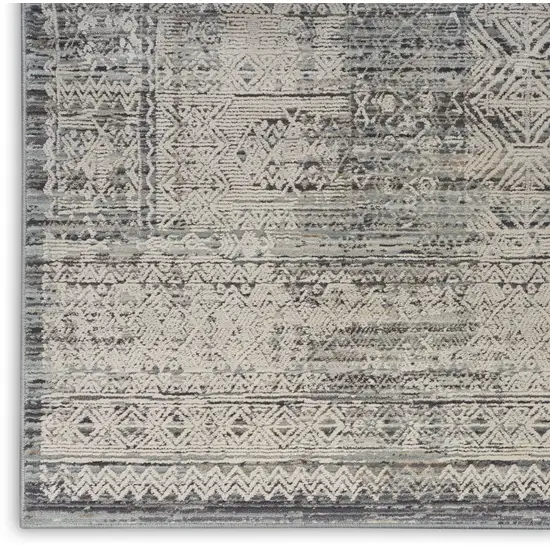 10' Ivory And Blue Geometric Distressed Runner Rug With Fringe Photo 7