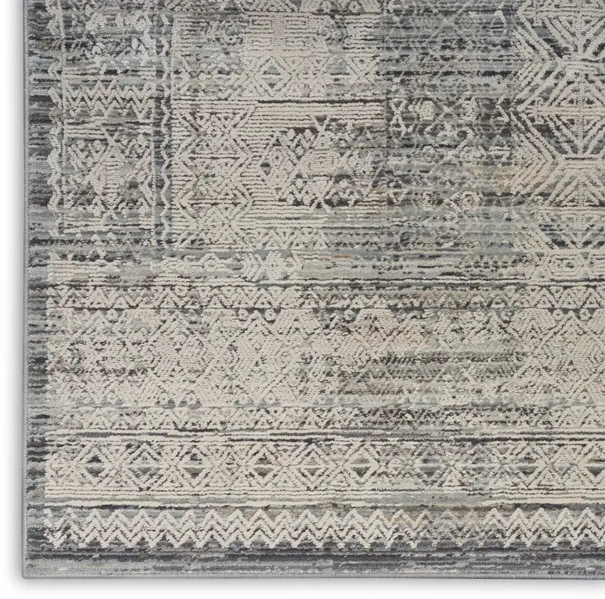 10' Ivory And Blue Geometric Distressed Runner Rug With Fringe Photo 7