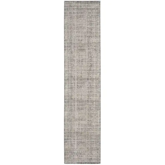 12' Ivory And Blue Geometric Distressed Runner Rug With Fringe Photo 2