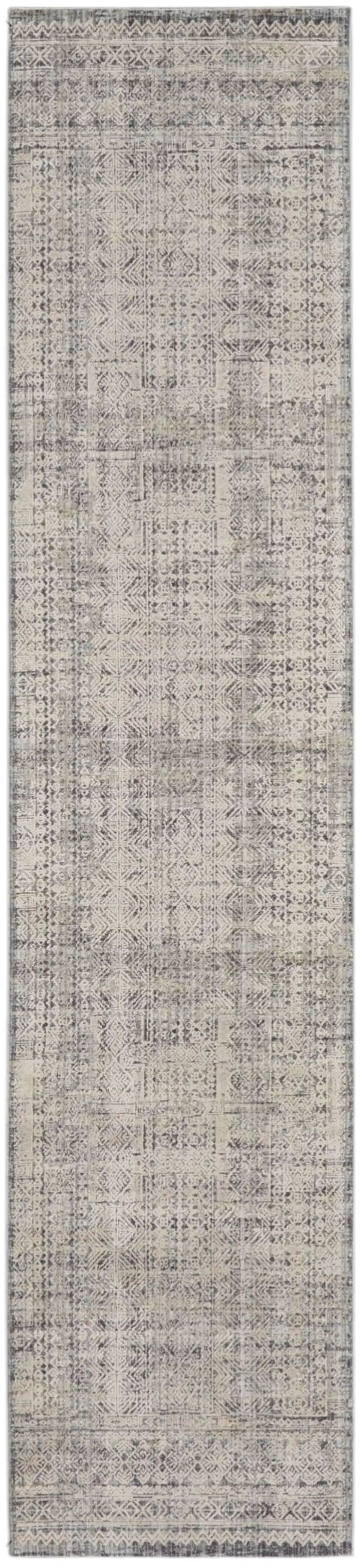 12' Ivory And Blue Geometric Distressed Runner Rug With Fringe Photo 2