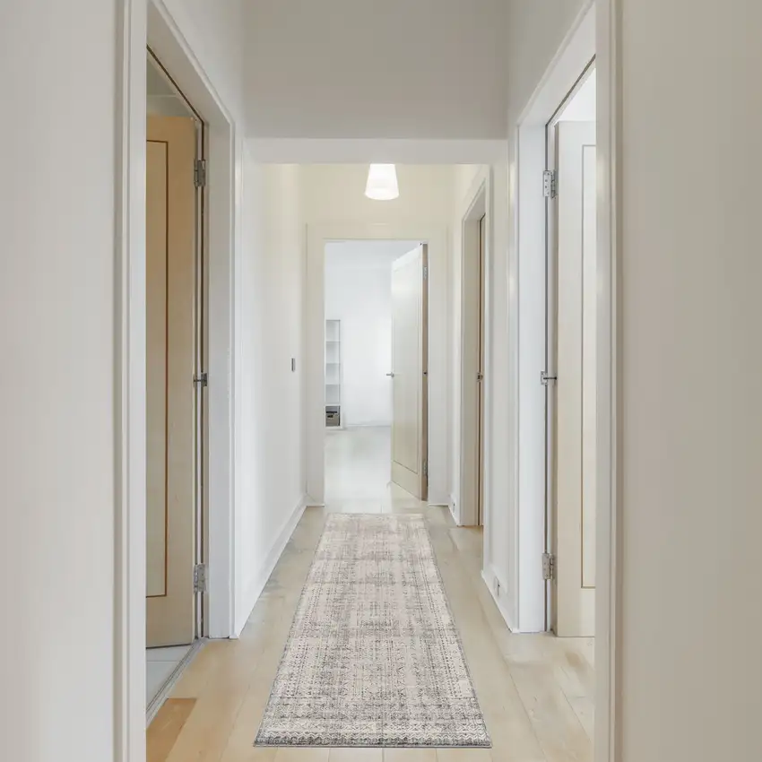 12' Ivory And Blue Geometric Distressed Runner Rug With Fringe Photo 4