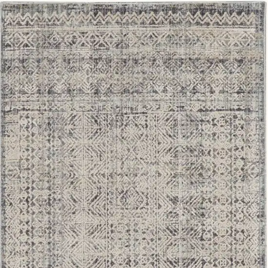 12' Ivory And Blue Geometric Distressed Runner Rug With Fringe Photo 6