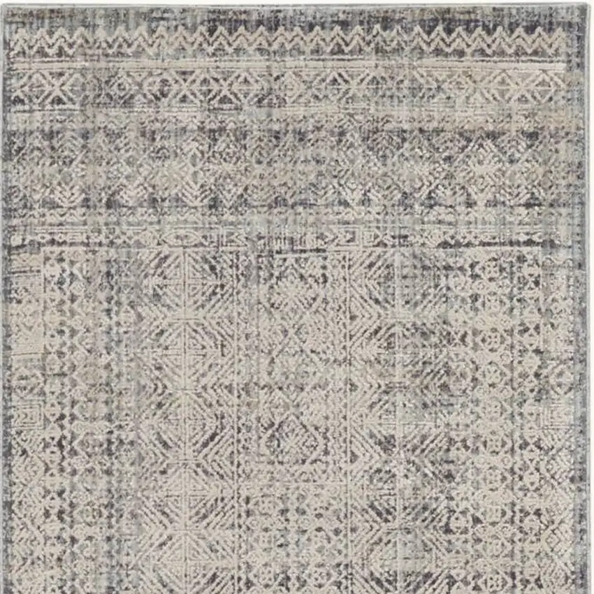 12' Ivory And Blue Geometric Distressed Runner Rug With Fringe Photo 6