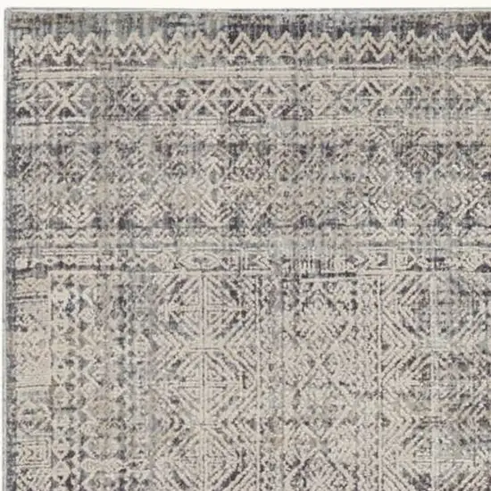 12' Ivory And Blue Geometric Distressed Runner Rug With Fringe Photo 5