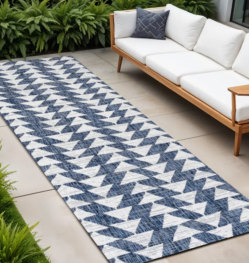 10' Ivory And Blue Geometric Indoor Outdoor Runner Rug Photo 1