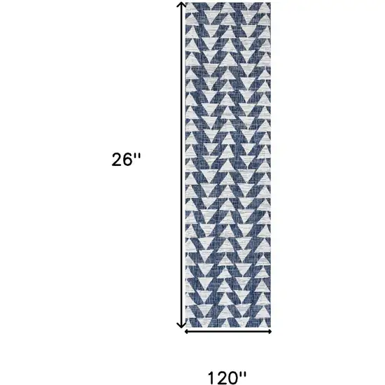10' Ivory And Blue Geometric Indoor Outdoor Runner Rug Photo 3