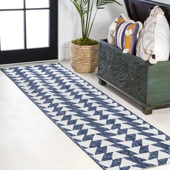 10' Ivory And Blue Geometric Indoor Outdoor Runner Rug Photo 4