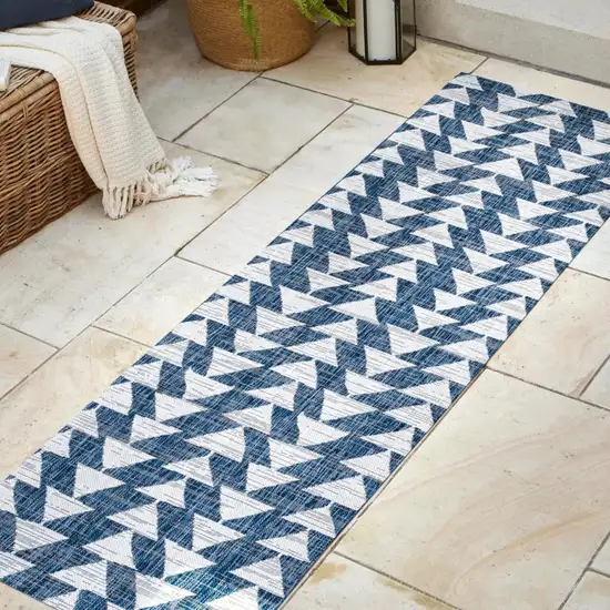 10' Ivory And Blue Geometric Indoor Outdoor Runner Rug Photo 5