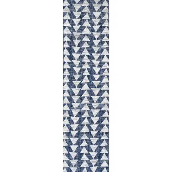 10' Ivory And Blue Geometric Indoor Outdoor Runner Rug Photo 2