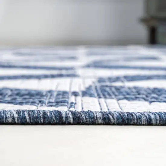 10' Ivory And Blue Geometric Indoor Outdoor Runner Rug Photo 8
