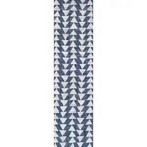 Photo of 8' Ivory And Blue Geometric Indoor Outdoor Runner Rug