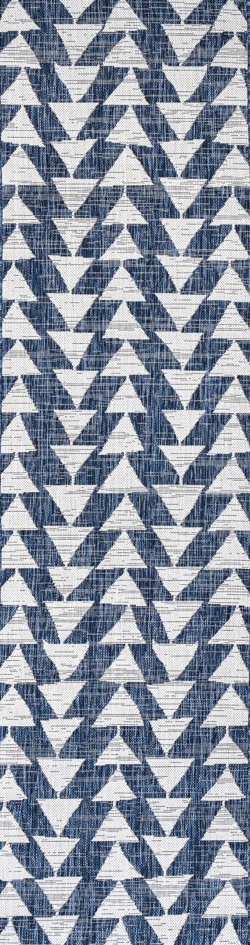 8' Ivory And Blue Geometric Indoor Outdoor Runner Rug Photo 1