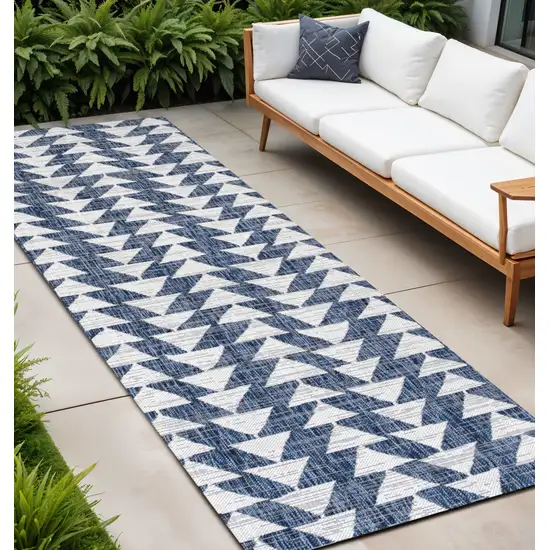 8' Ivory And Blue Geometric Indoor Outdoor Runner Rug Photo 2