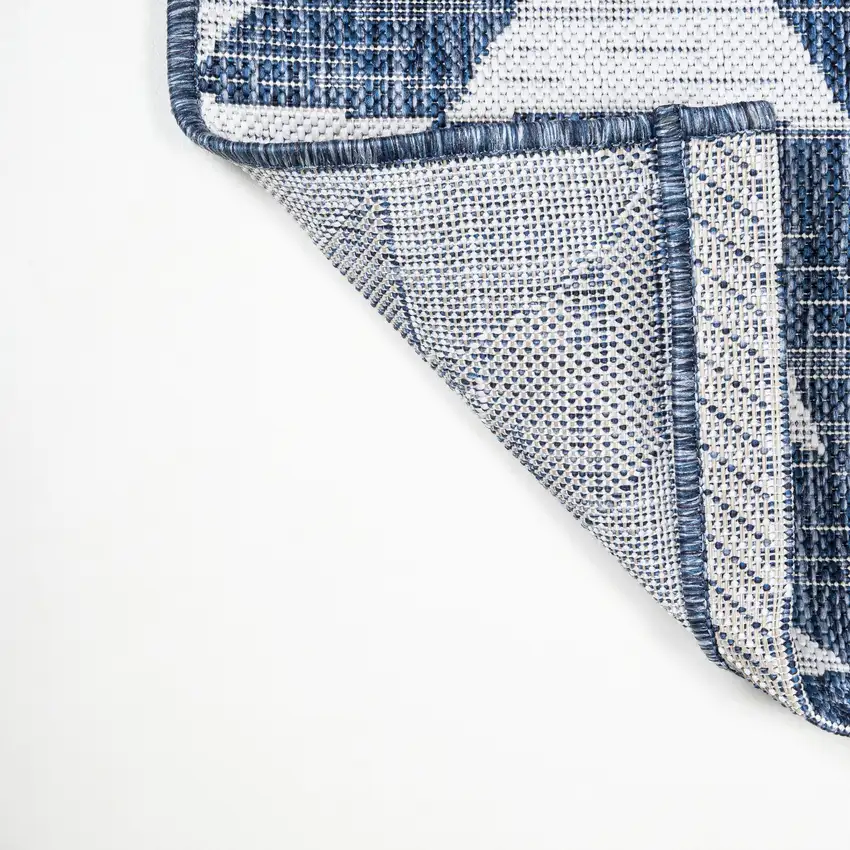 8' Ivory And Blue Geometric Indoor Outdoor Runner Rug Photo 8