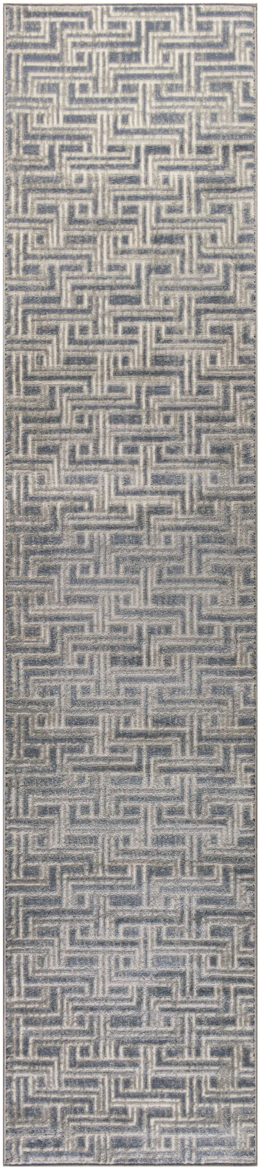 8' Ivory And Blue Geometric Runner Rug Photo 5