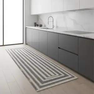 Photo of 8' Ivory And Blue Geometric Runner Rug