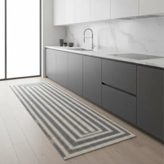 8' Ivory And Blue Geometric Runner Rug Photo 1