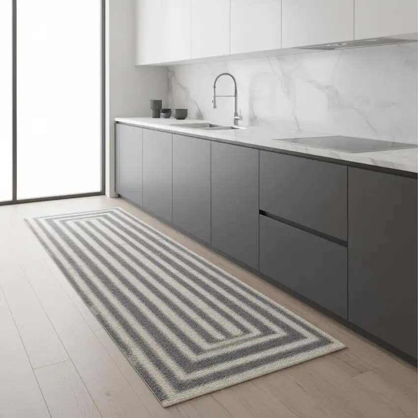 8' Ivory And Blue Geometric Runner Rug Photo 1