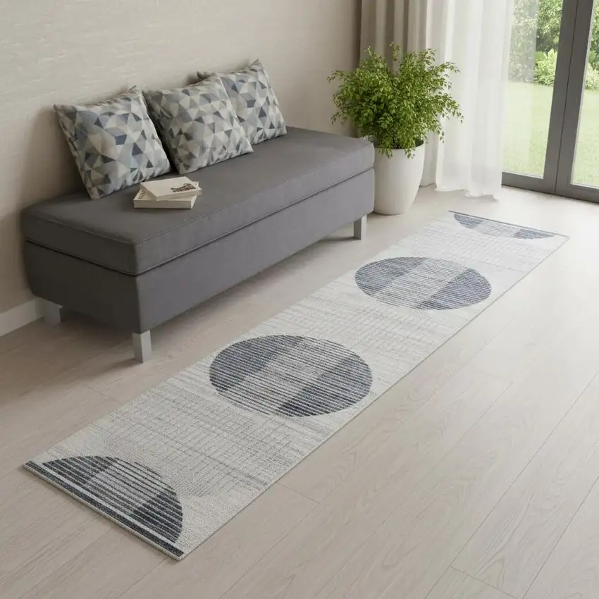 6' Ivory And Blue Geometric Runner Rug Photo 1