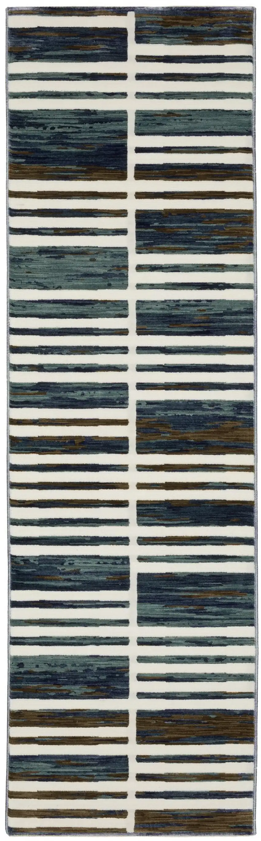 8' Ivory And Blue Geometric Runner Rug Photo 2