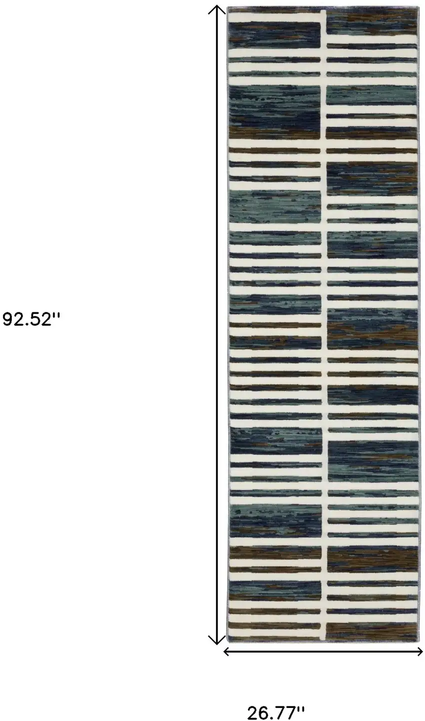 8' Ivory And Blue Geometric Runner Rug Photo 3