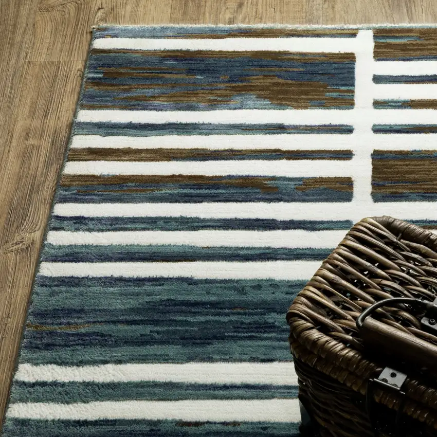 8' Ivory And Blue Geometric Runner Rug Photo 9