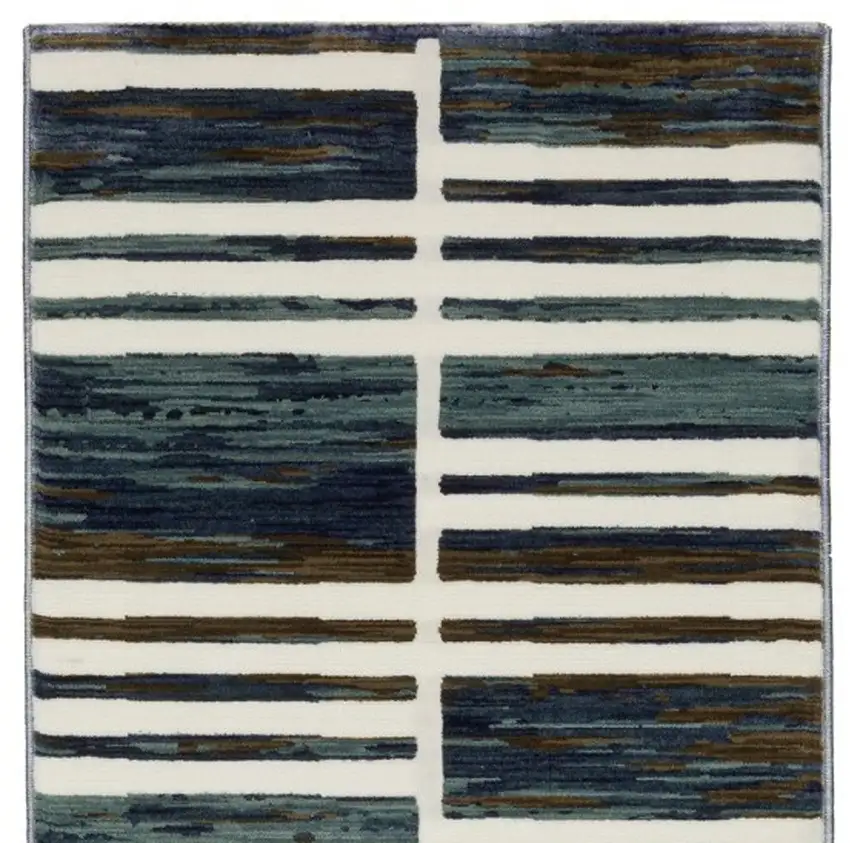 8' Ivory And Blue Geometric Runner Rug Photo 5