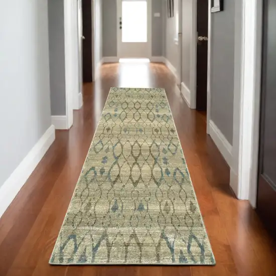 8' Ivory And Blue Geometric Runner Rug Photo 1