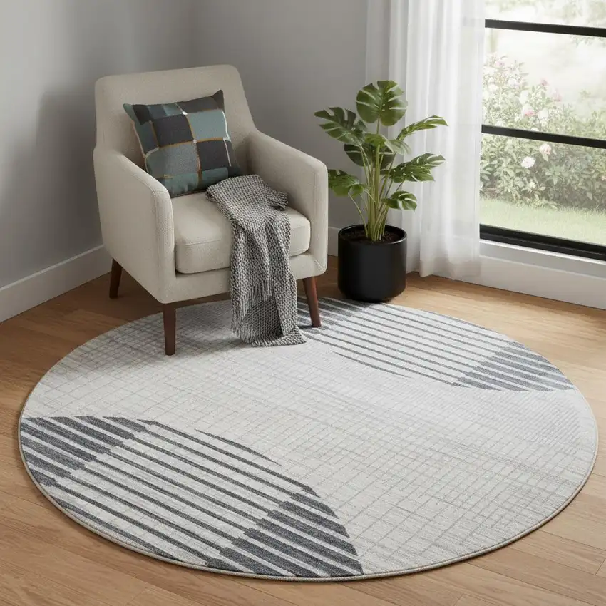 5' Ivory And Blue Geometric Washable Round Rug Photo 1