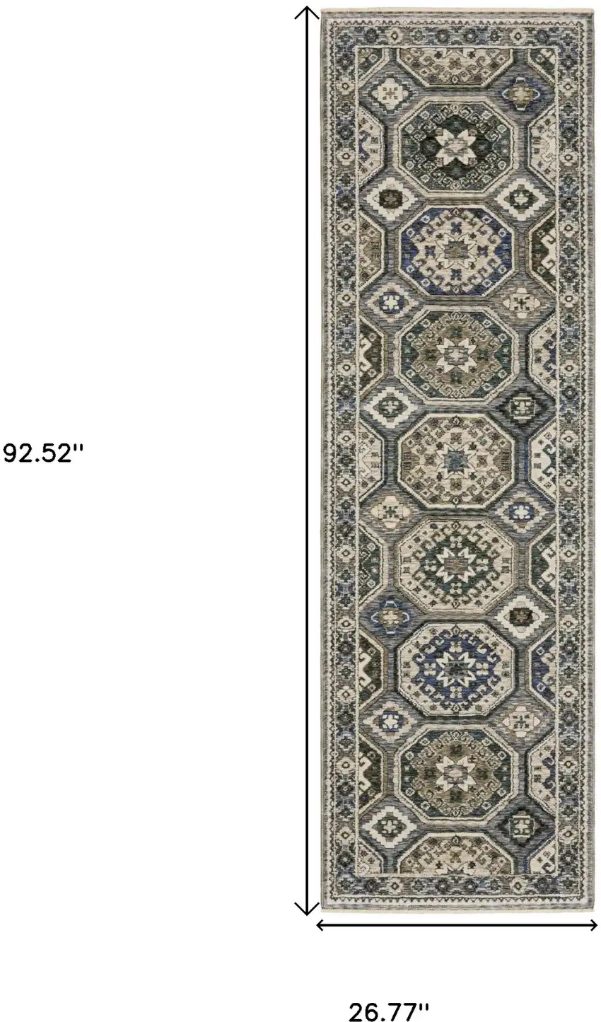 8' Ivory And Blue Medallion Runner Rug With Fringe Photo 3