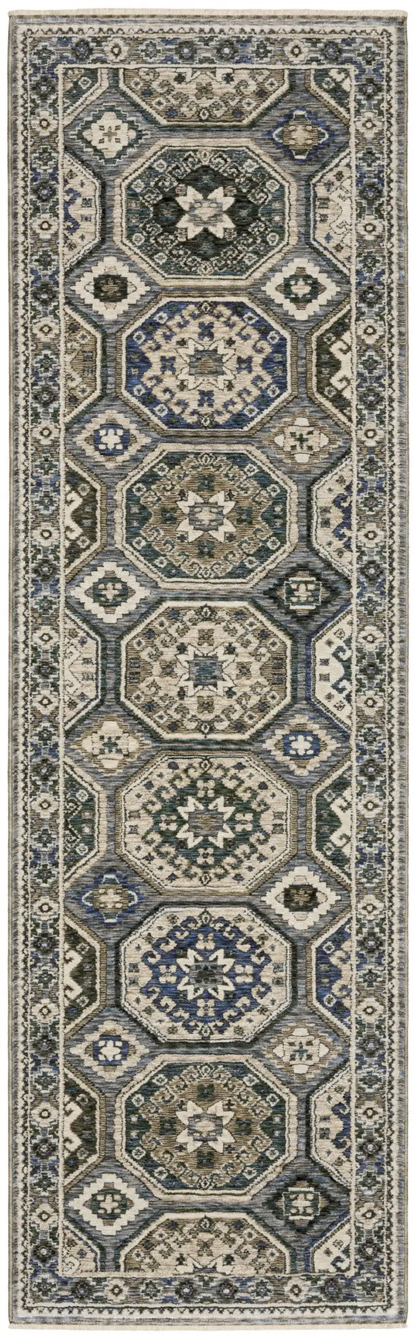 8' Ivory And Blue Medallion Runner Rug With Fringe Photo 2