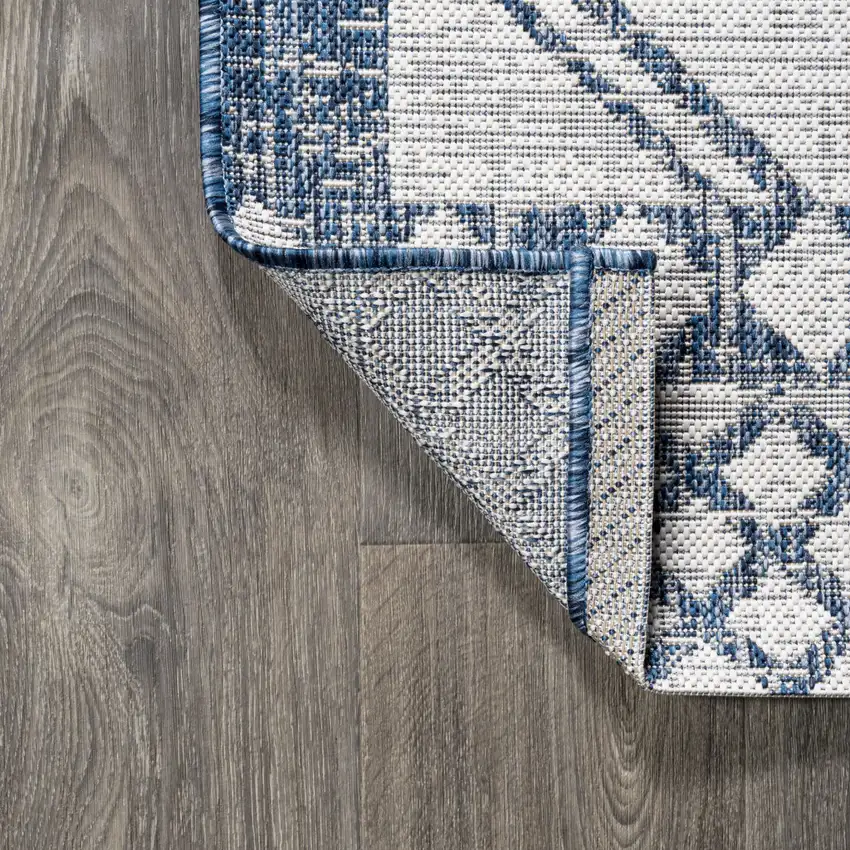 10' Ivory And Blue Moroccan Indoor Outdoor Runner Rug Photo 7