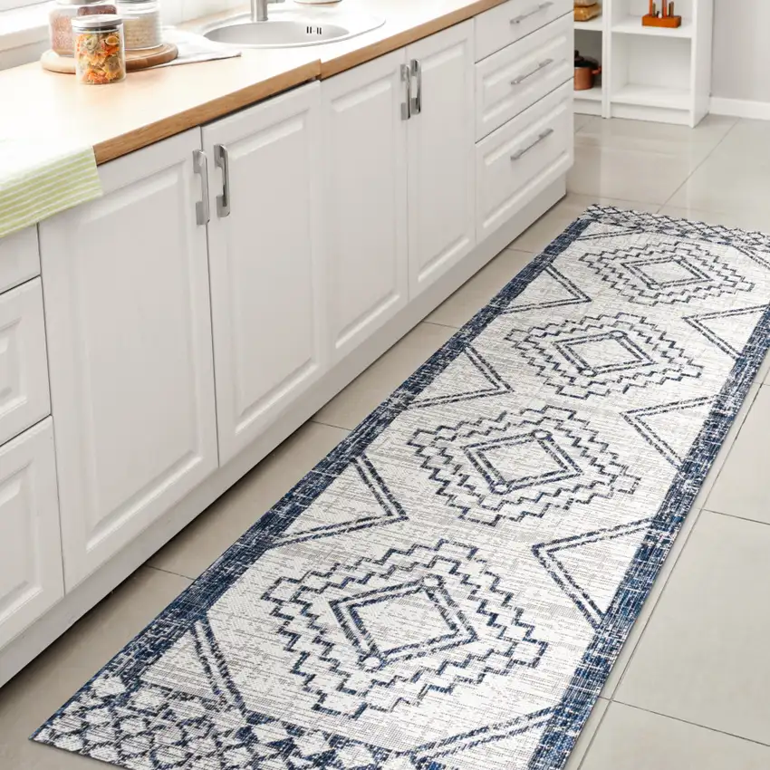 10' Ivory And Blue Moroccan Indoor Outdoor Runner Rug Photo 6