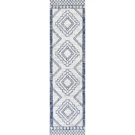 10' Ivory And Blue Moroccan Indoor Outdoor Runner Rug Photo 2