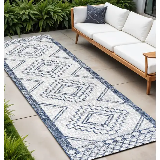 10' Ivory And Blue Moroccan Indoor Outdoor Runner Rug Photo 1