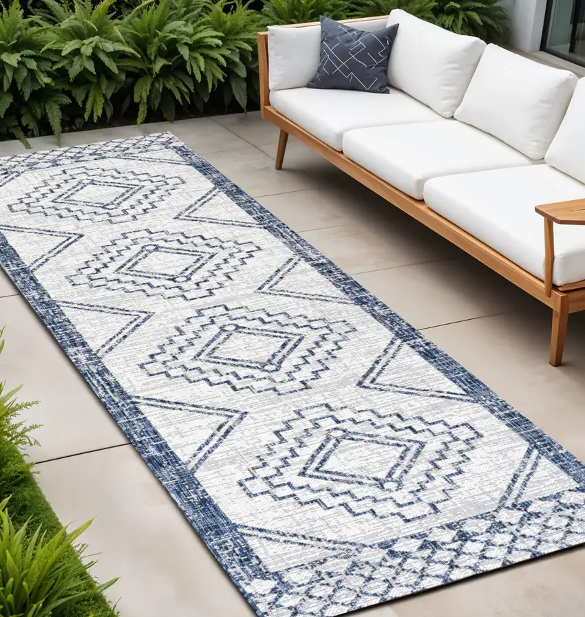 10' Ivory And Blue Moroccan Indoor Outdoor Runner Rug Photo 1