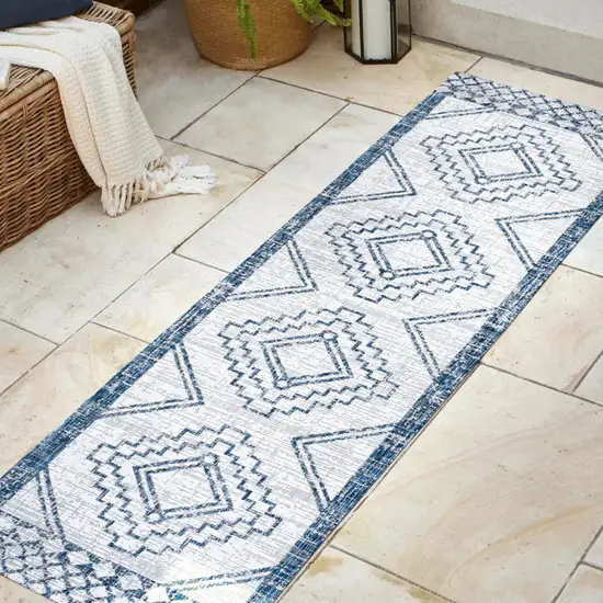 8' Ivory And Blue Moroccan Indoor Outdoor Runner Rug Photo 6