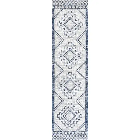 8' Ivory And Blue Moroccan Indoor Outdoor Runner Rug Photo 4