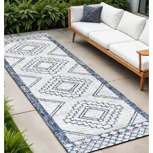 Photo of 8' Ivory And Blue Moroccan Indoor Outdoor Runner Rug