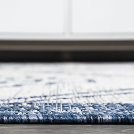 8' Ivory And Blue Moroccan Indoor Outdoor Runner Rug Photo 9